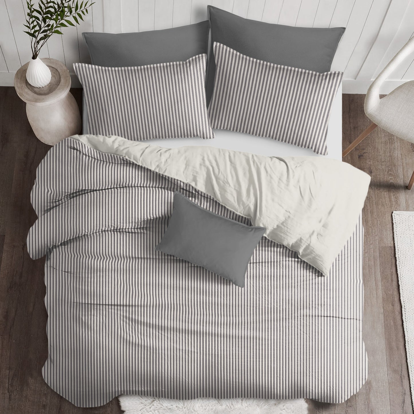 Cruz Ticking Stripes Gray-Ivory Comforter Set