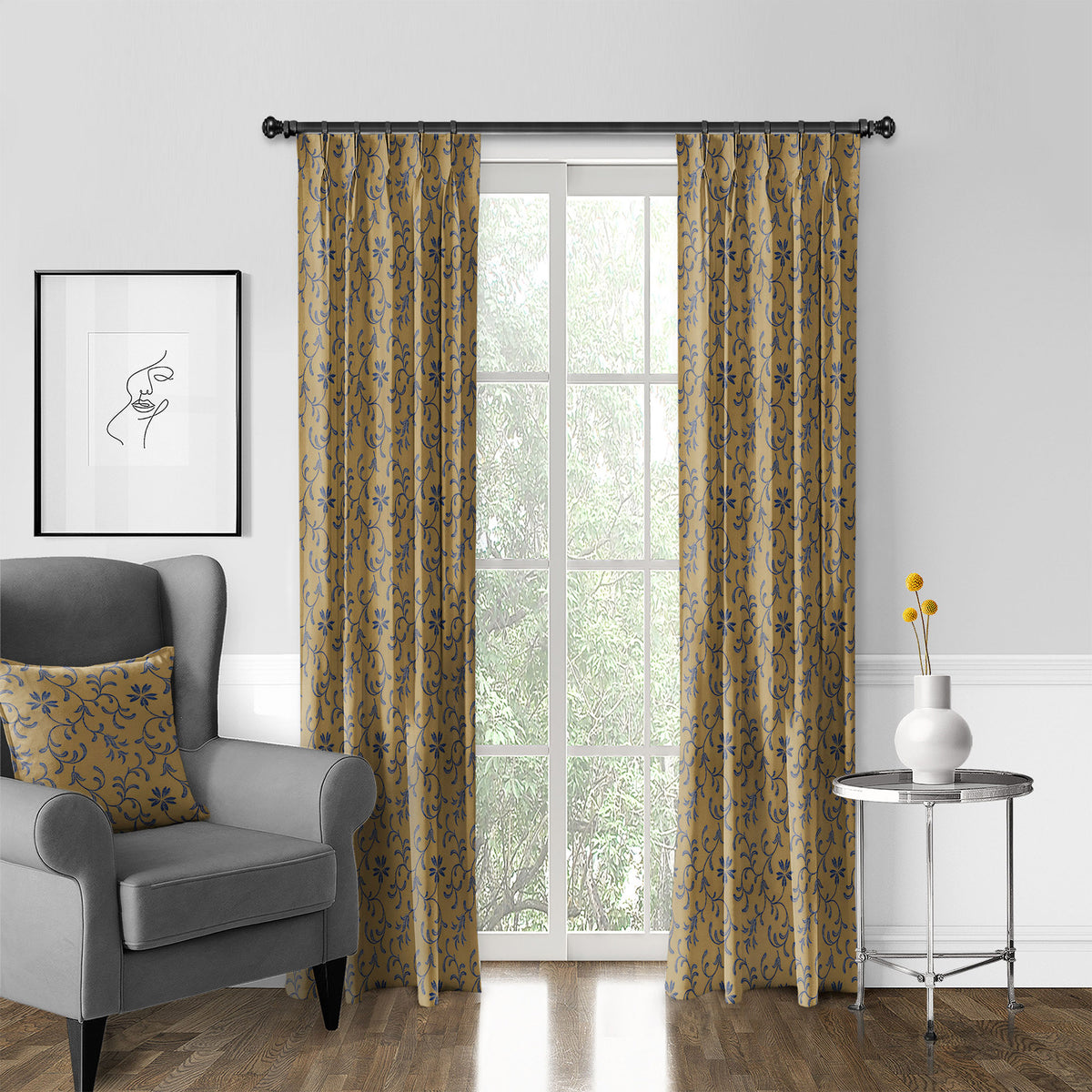 Ali Navy Brass Pinch Pleat Drapes