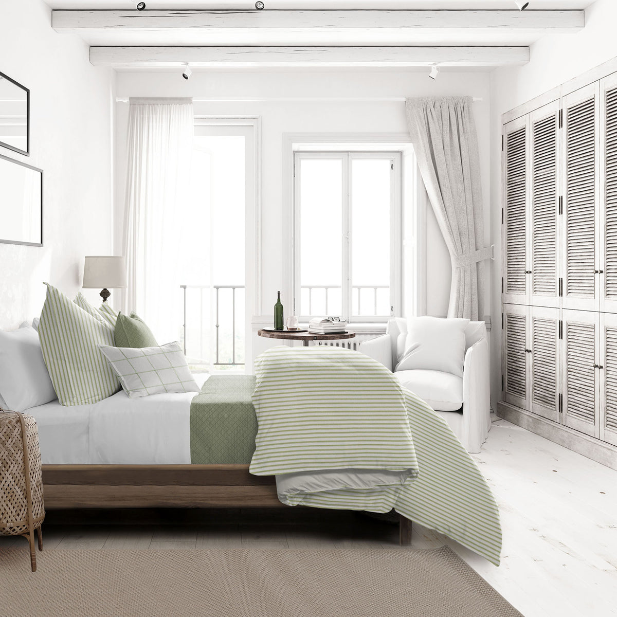 Basic Ticking Stripes Avocado Duvet Cover Set