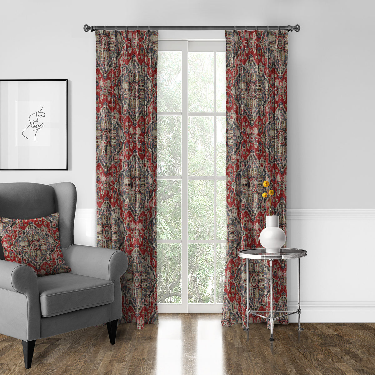 Charvelle Red-Blue Pinch Pleat Drapes