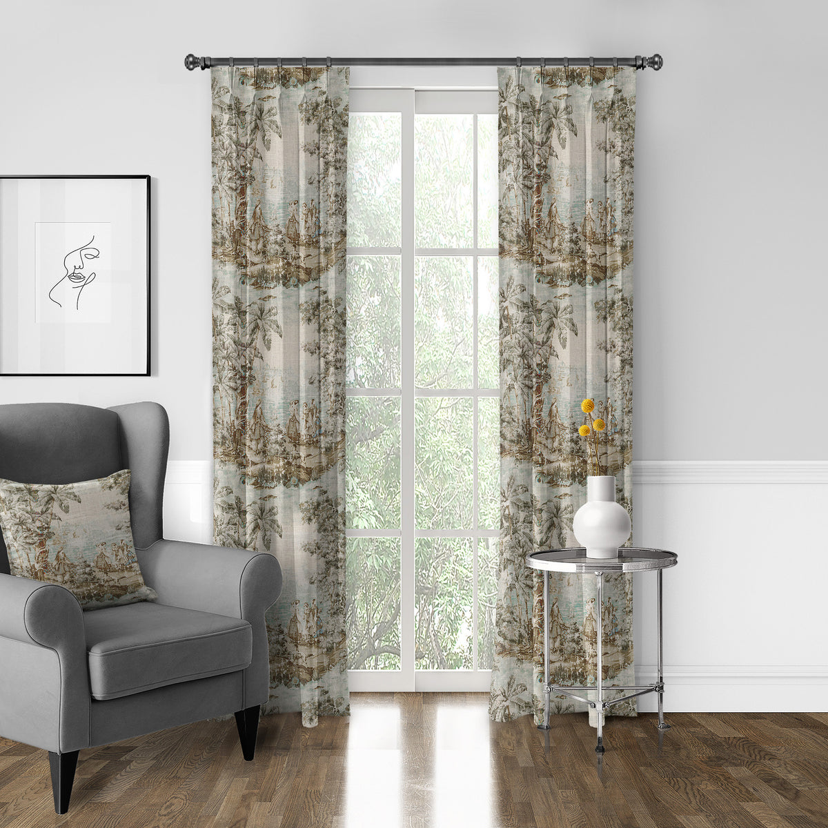 Countryside Natural-Aqua Pinch Pleat Drapes