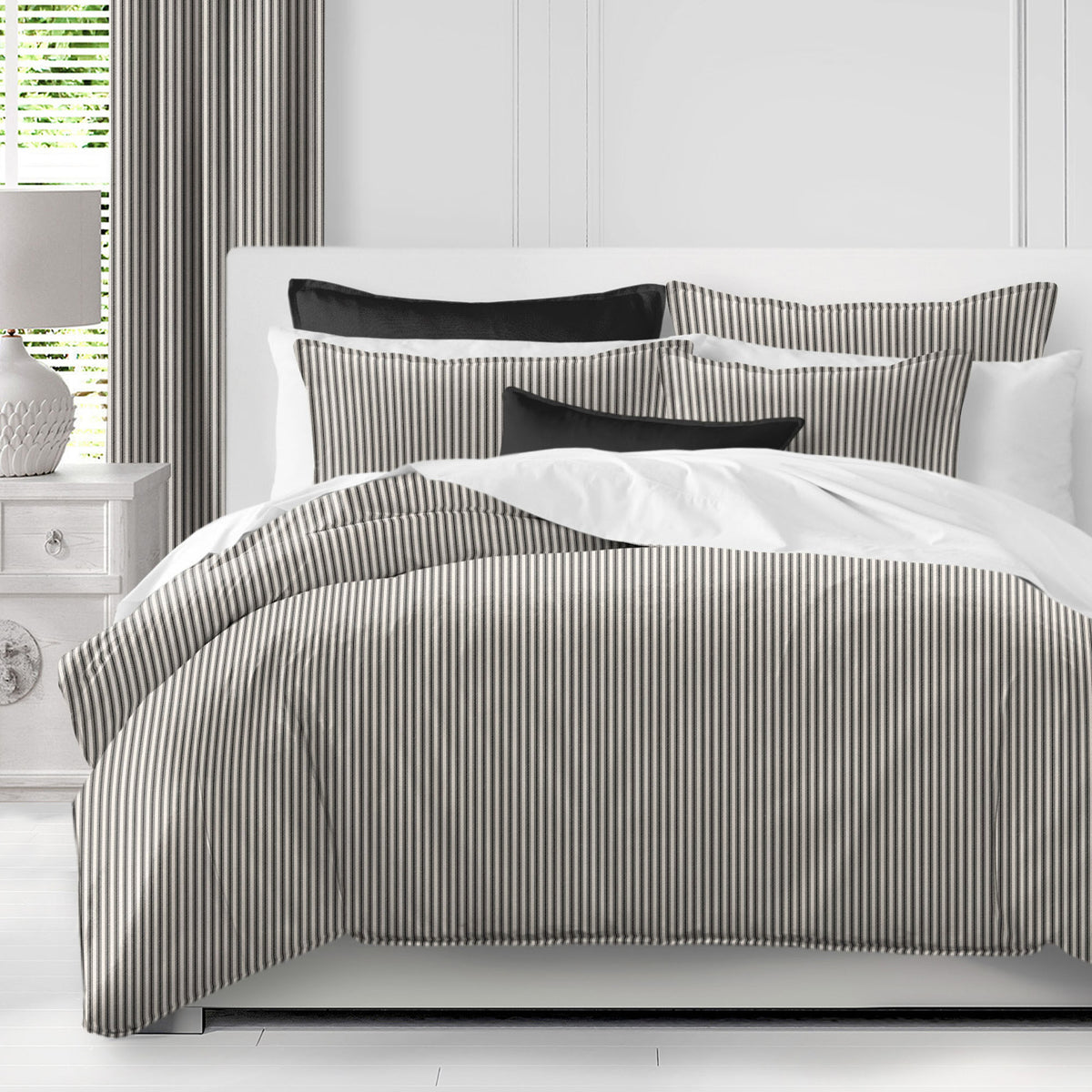 Cruz Ticking Stripes Black-Linen Duvet Cover Set