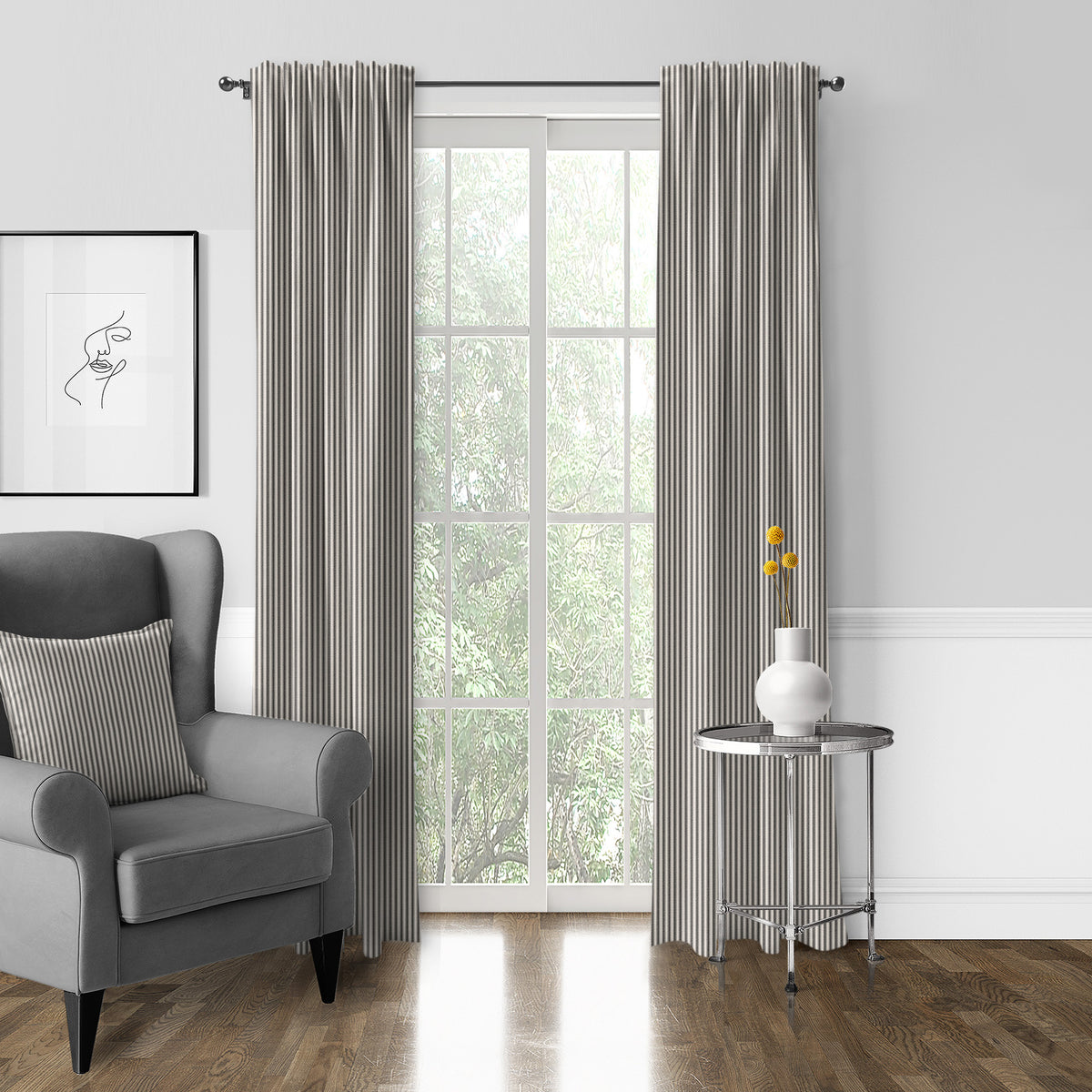 Cruz Ticking Stripes Black-Linen Pole Top Drapes