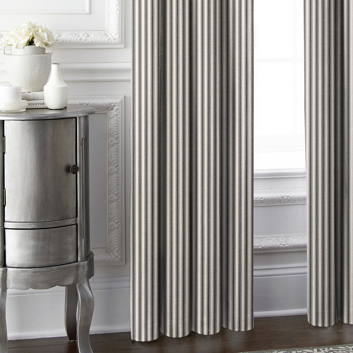 Cruz Ticking Stripes Black-Linen Pole Top Drapes