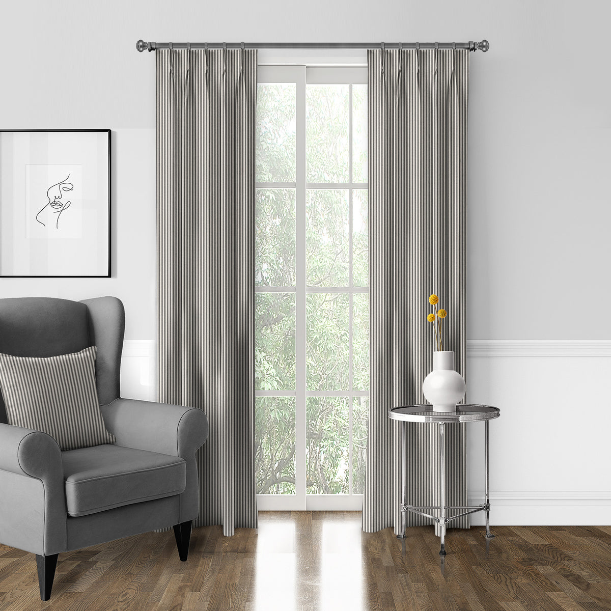 Cruz Ticking Stripes Black-Linen Pinch Pleat Drapes