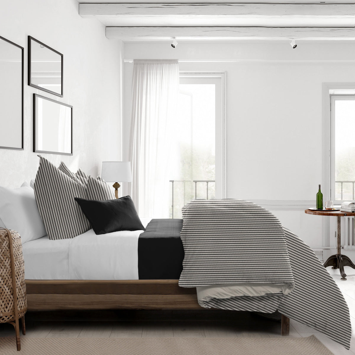 Cruz Ticking Stripes Black-Linen Comforter Set