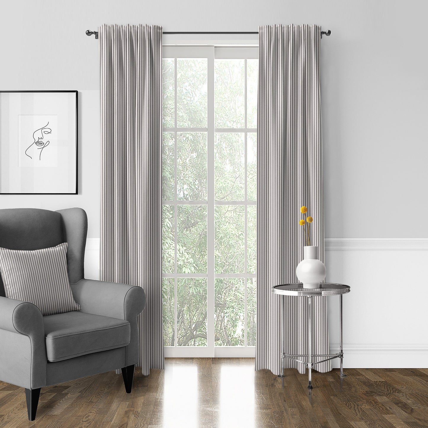Cruz Ticking Stripes Gray-Ivory Pole Top Drapes