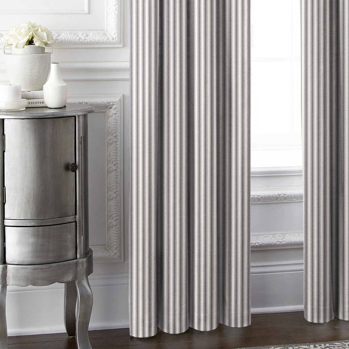 Cruz Ticking Stripes Gray-Ivory Pinch Pleat Drapes