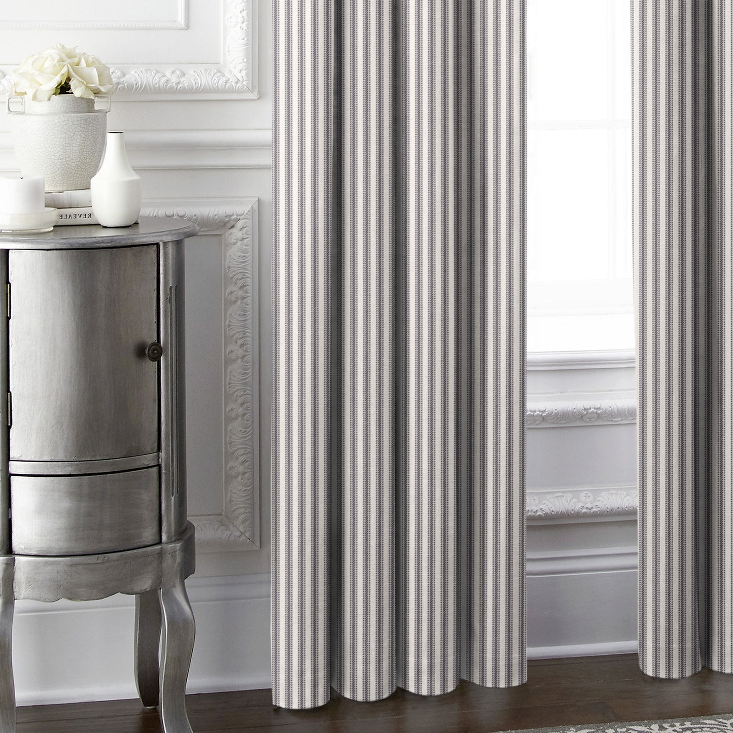 Cruz Ticking Stripes Gray-Ivory Pole Top Drapes