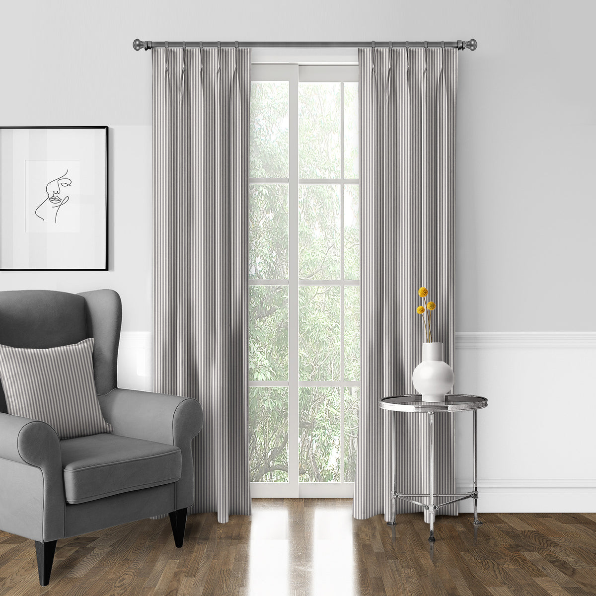 Cruz Ticking Stripes Gray-Ivory Pinch Pleat Drapes