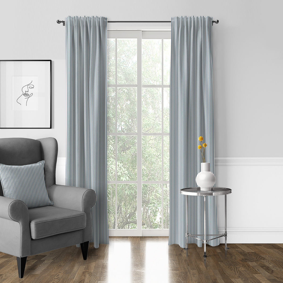 Cruz Ticking Stripes Indigo-Ivory Pole Top Drapes