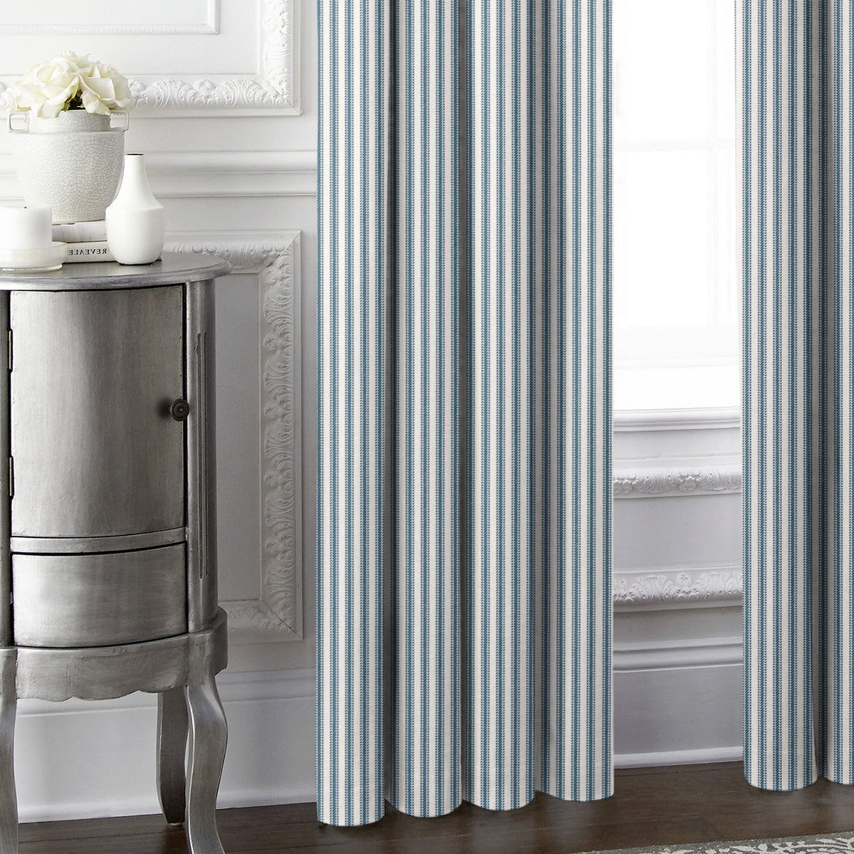 Cruz Ticking Stripes Indigo-Ivory Pinch Pleat Drapes