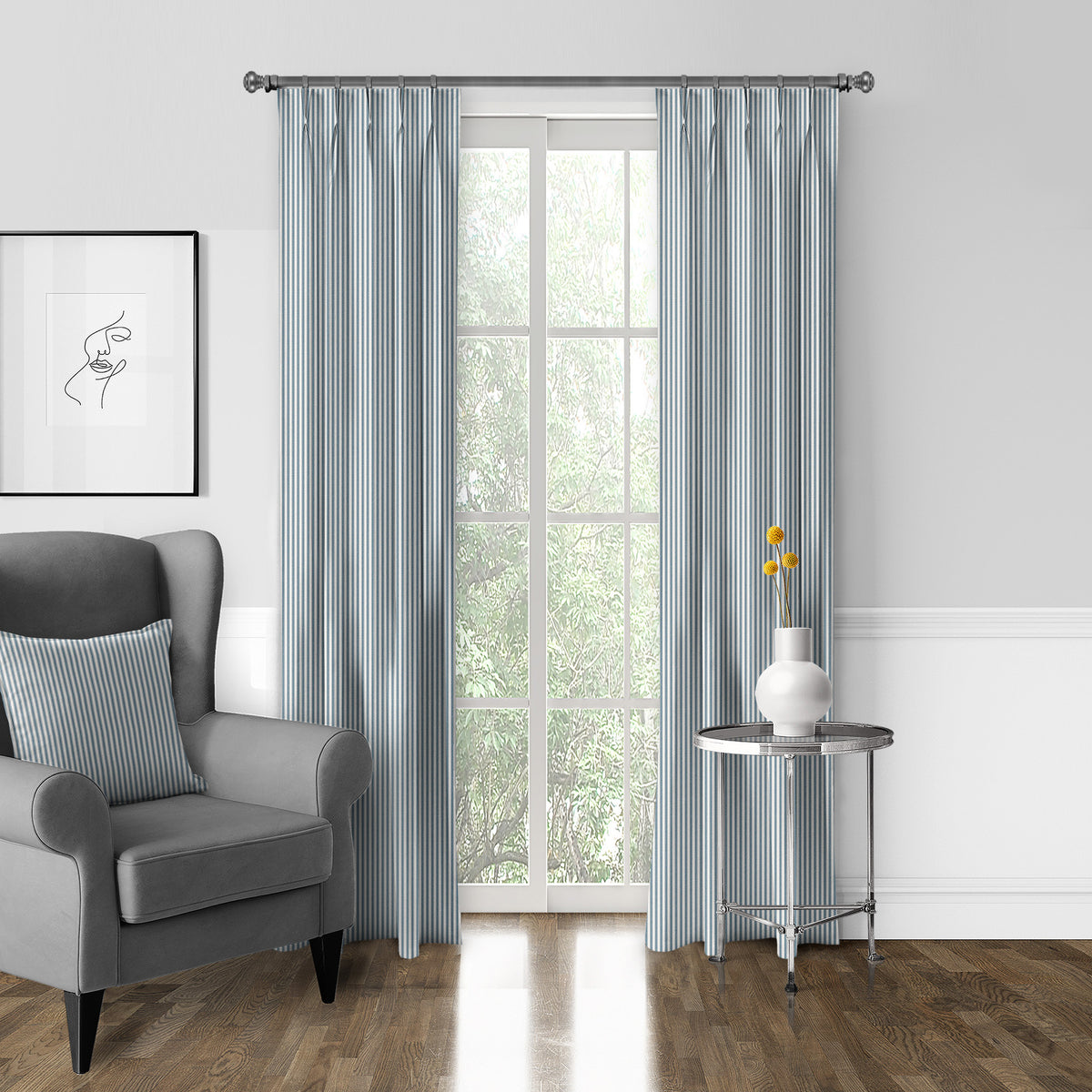 Cruz Ticking Stripes Indigo-Ivory Pinch Pleat Drapes