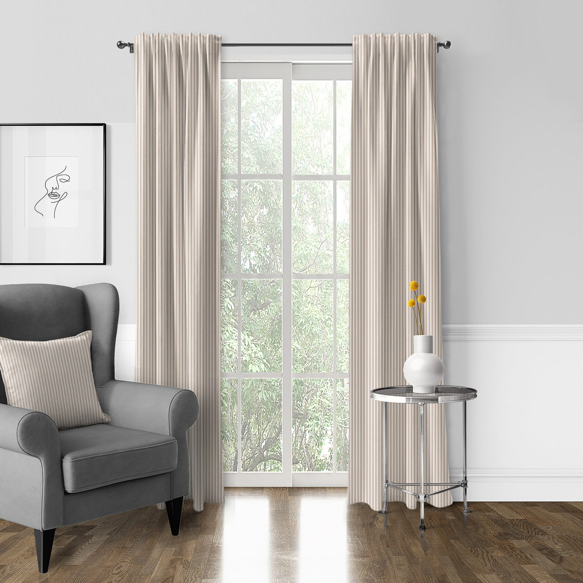 Cruz Ticking Stripes Taupe-Ivory Pole Top Drapes