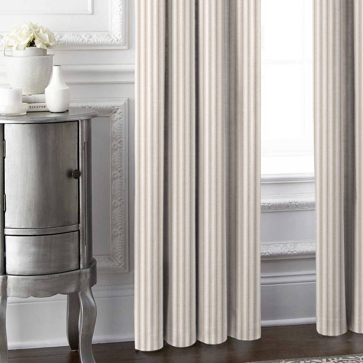 Cruz Ticking Stripes Taupe-Ivory Pinch Pleat Drapes