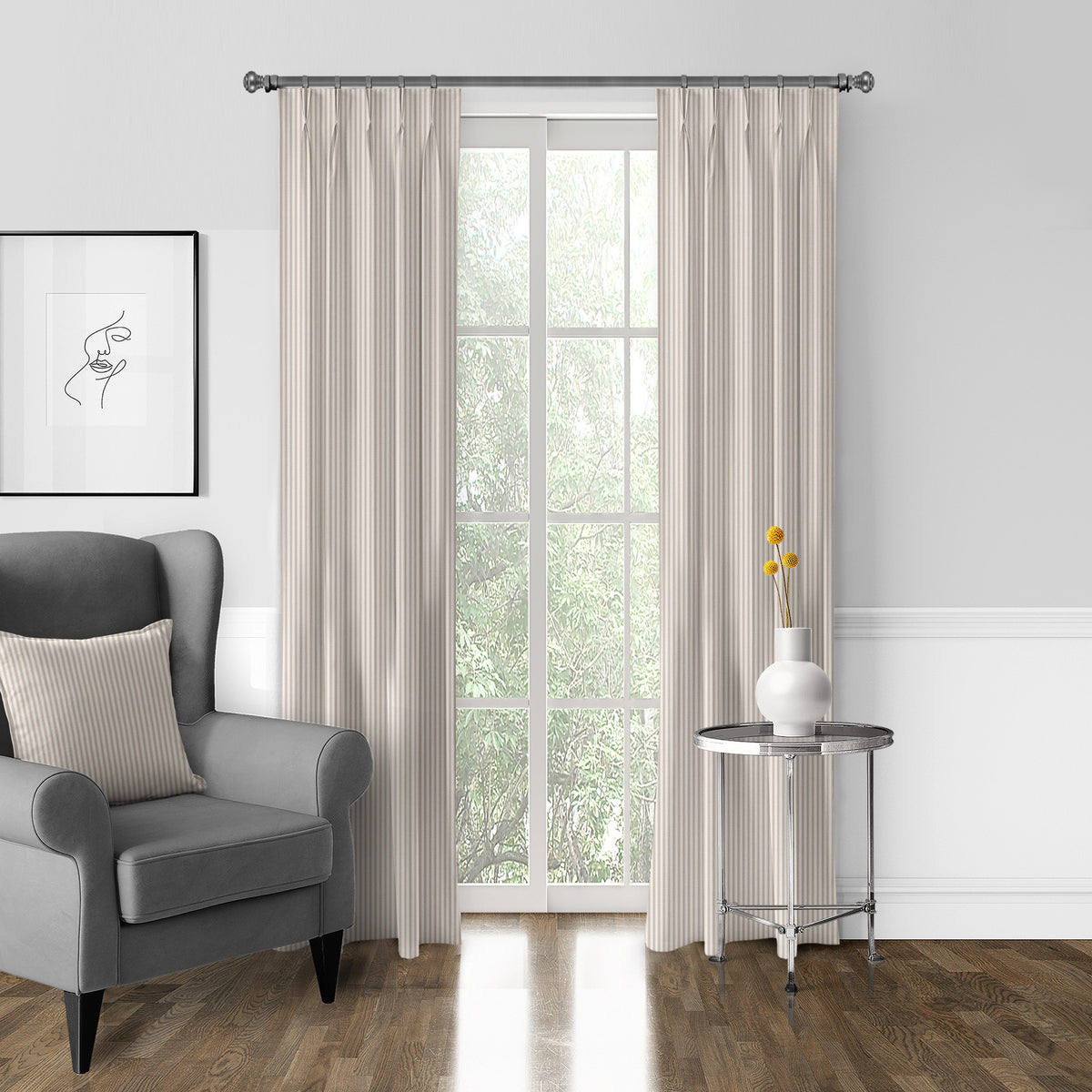Cruz Ticking Stripes Taupe-Ivory Pinch Pleat Drapes