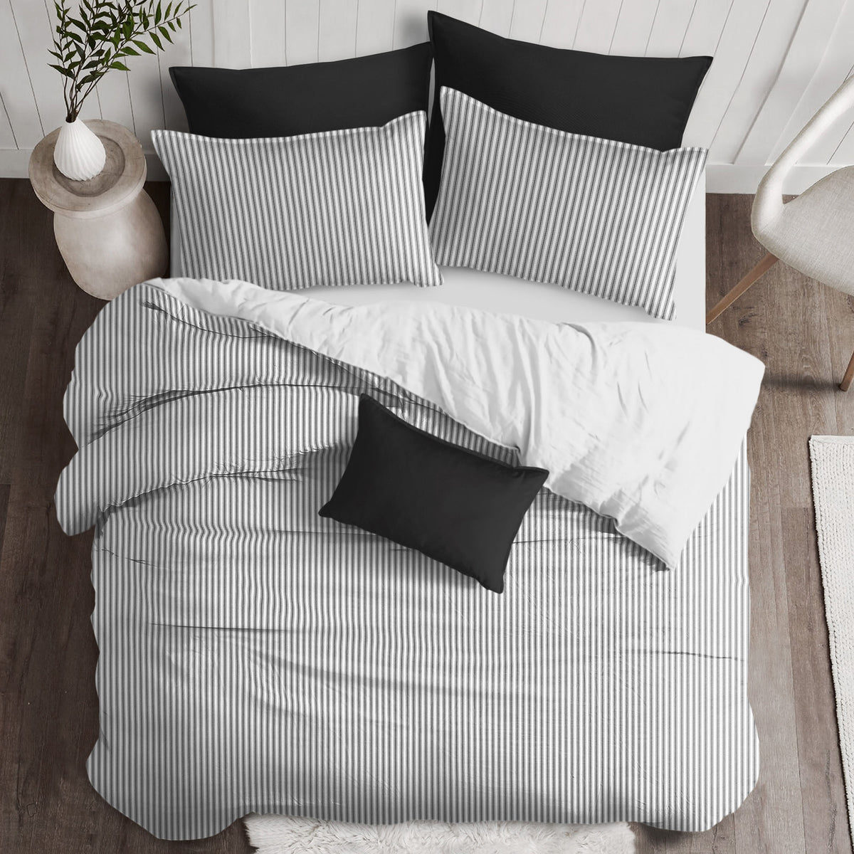 Cruz Ticking Stripes White-Black Coverlet Set