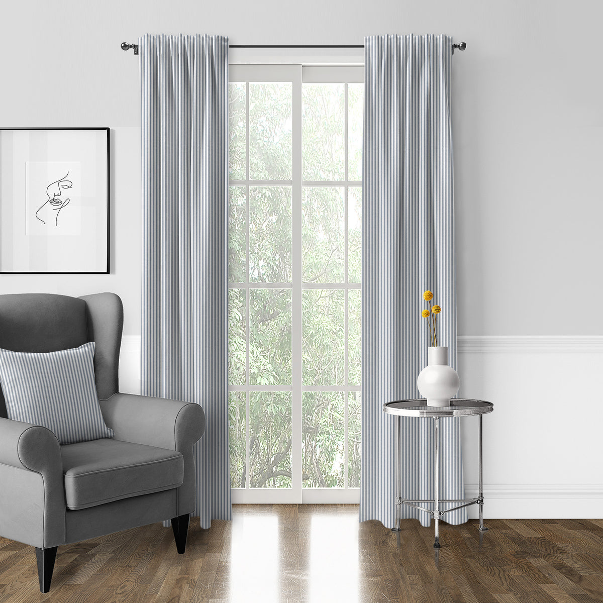 Cruz Ticking Stripes White-Navy Pole Top Drapes