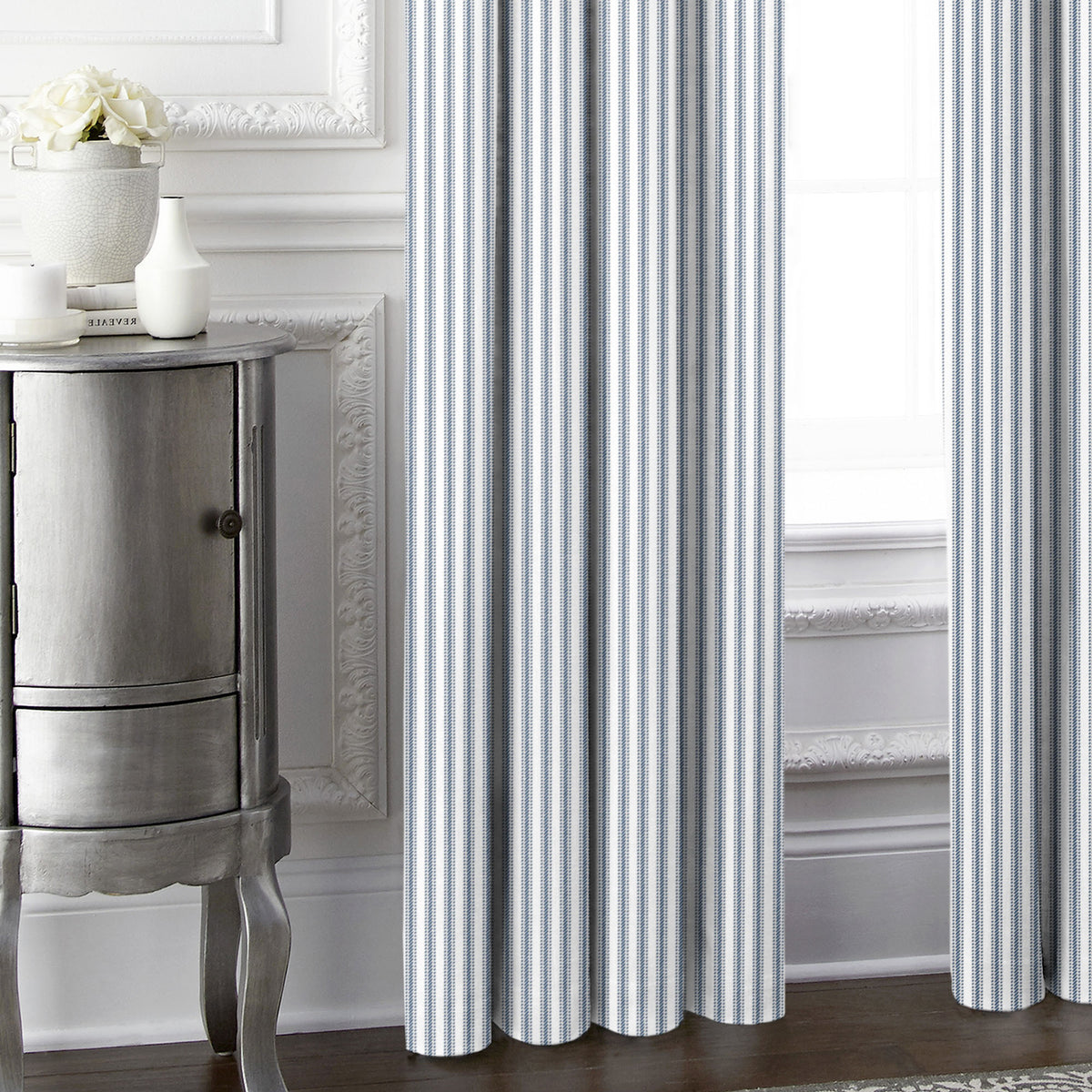 Cruz Ticking Stripes White-Navy Pole Top Drapes
