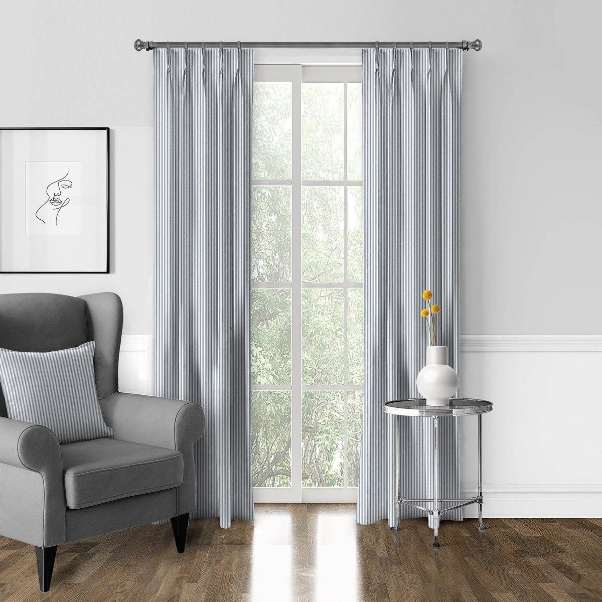 Cruz Ticking Stripes White-Navy Pinch Pleat Drapes