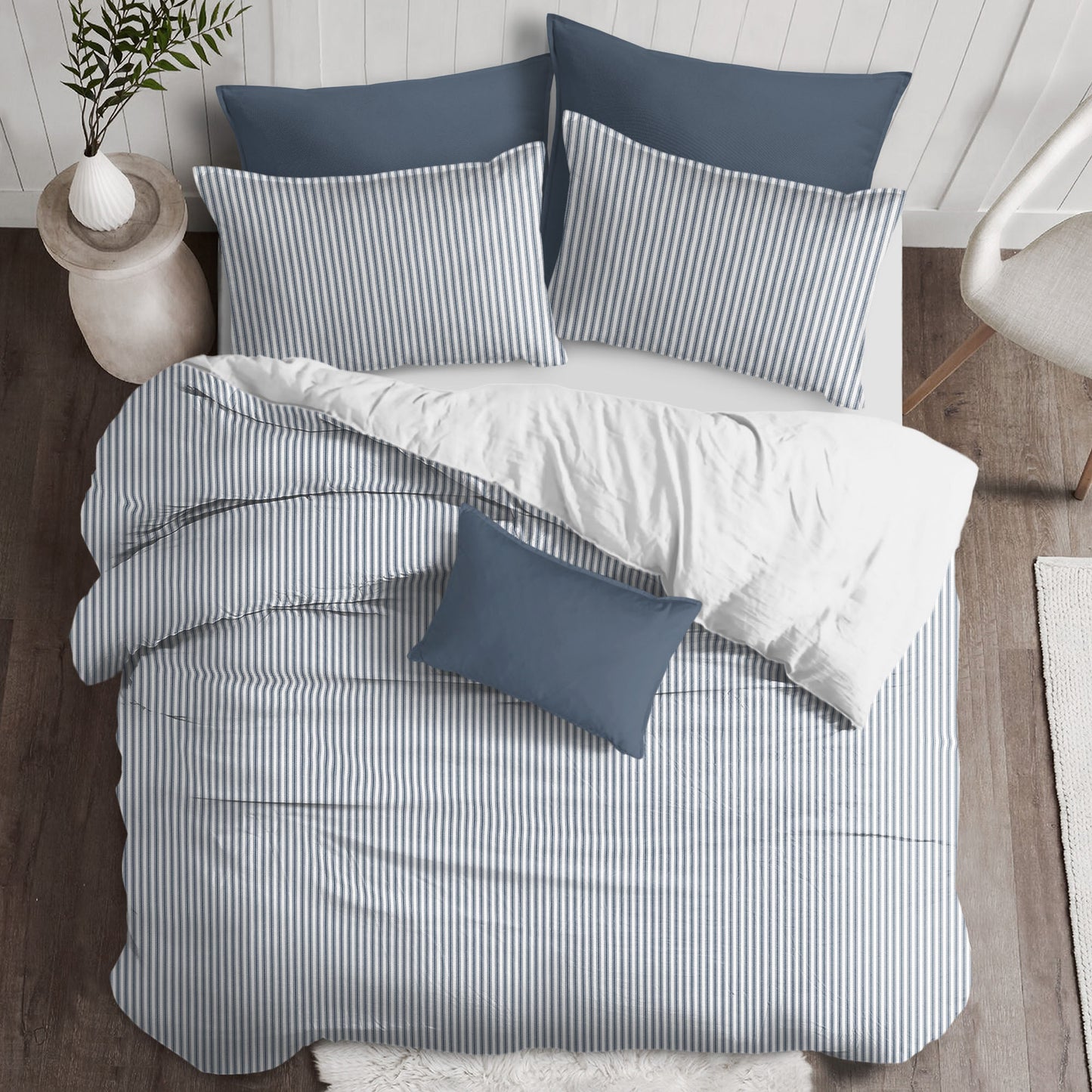 Cruz Ticking Stripes White-Navy Duvet Cover Set