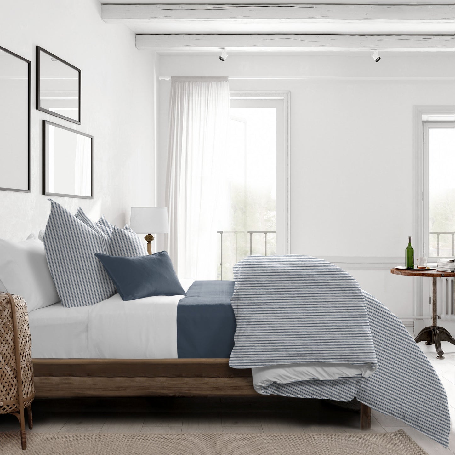 Cruz Ticking Stripes White-Navy Duvet Cover Set