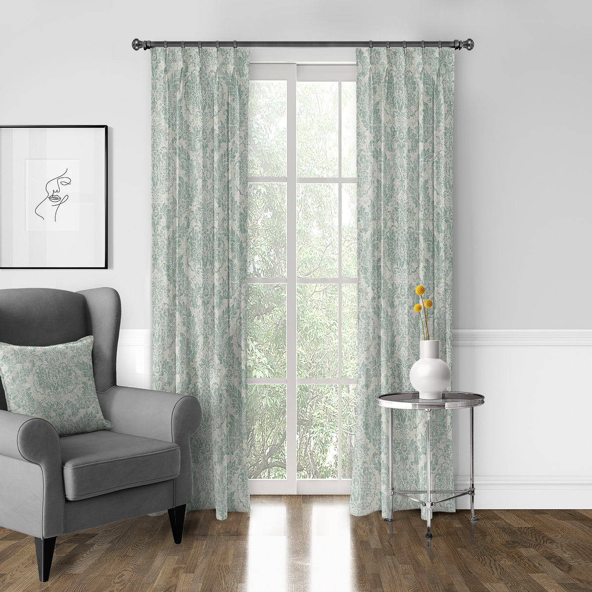 Damaskus Linen Mist Pinch Pleat Drapes