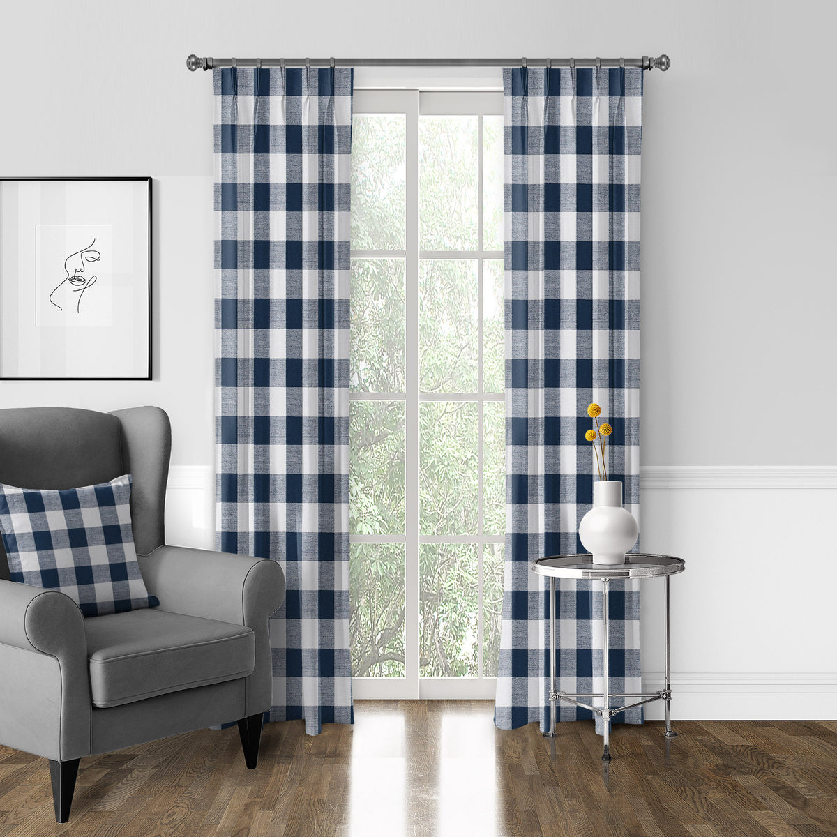 Lumberjack Check Indigo-White Pinch Pleat Drapes